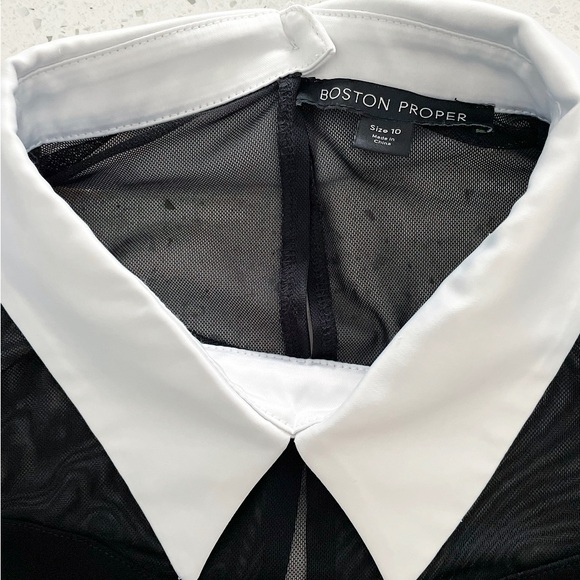 Boston Proper Black Sheer Mesh Panel Dress White Collar Cuffs Size 10 - Picture 7 of 11